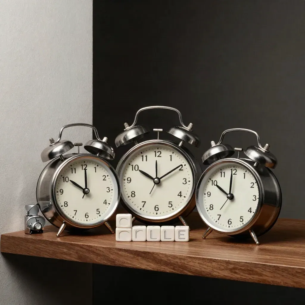 Alarm clocks, timer and calendar cubes on a walnut shelf under hard light