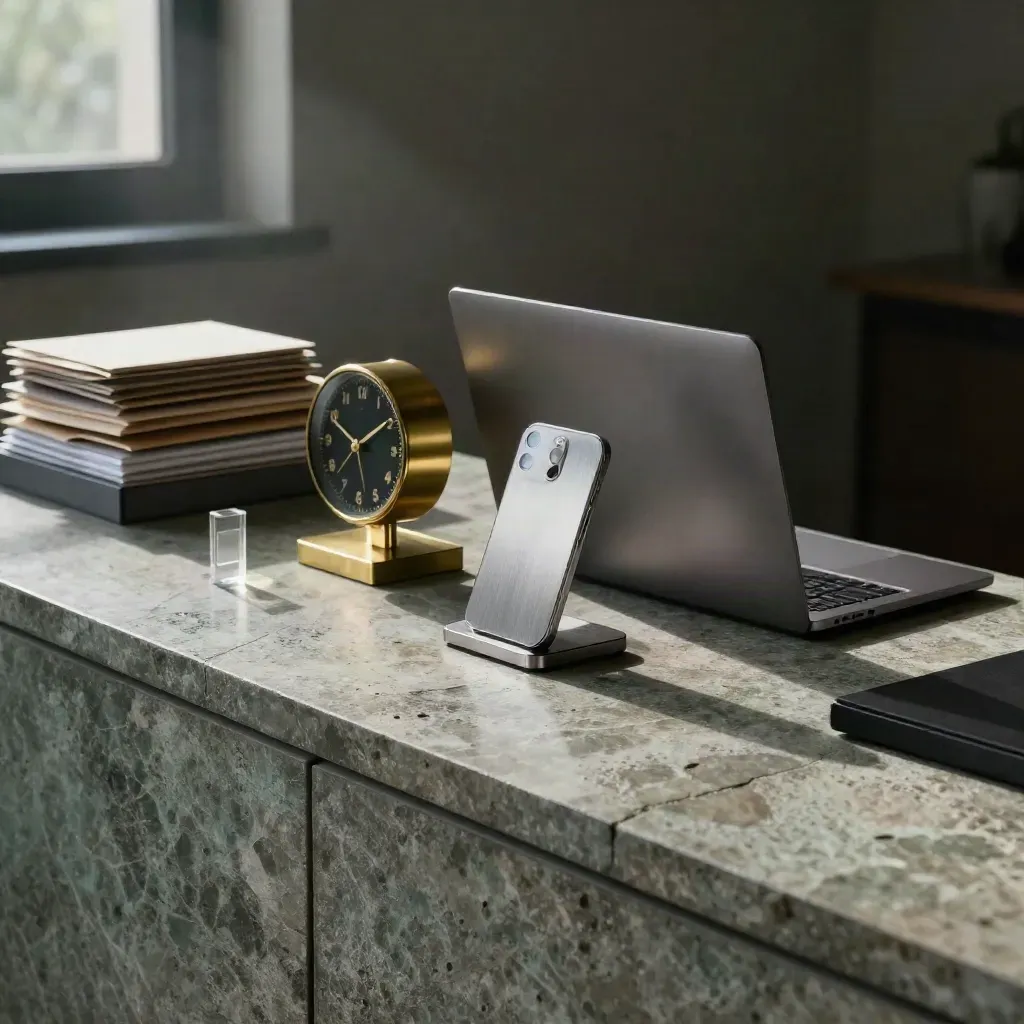 Moody office command center on stone with laptop, clock, trays, envelopes and morning haze.
