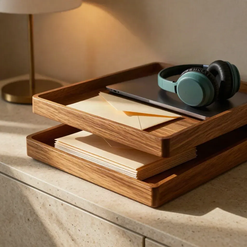 Inbox tray, closed laptop, headset, and replied envelopes on a warm travertine surface.