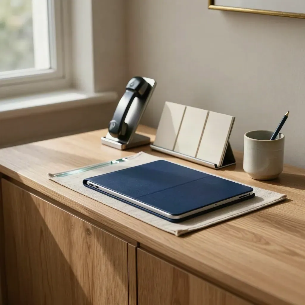Booking station with tablet, phone dock, blank tiles and ceramic cup in warm window light
