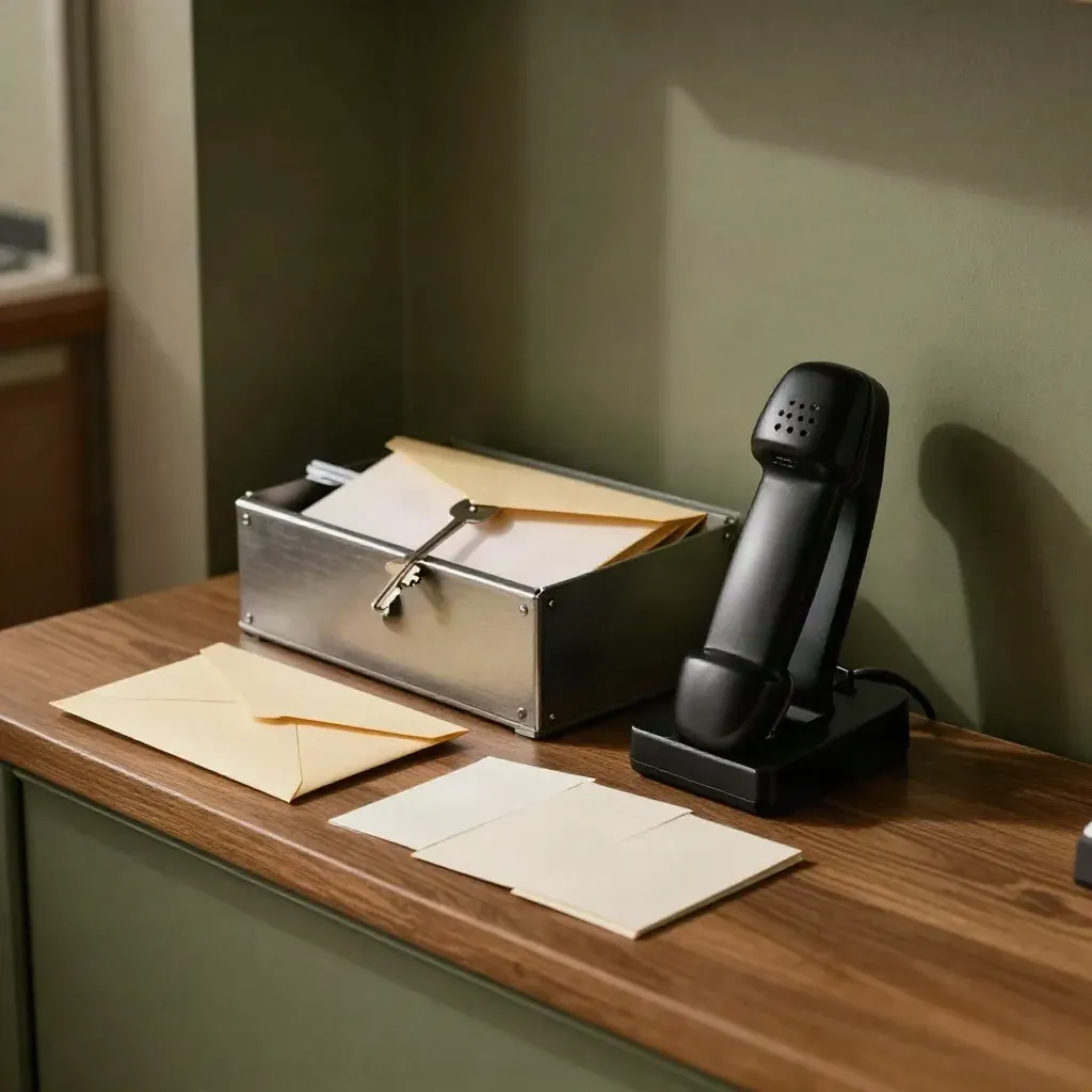 Phone dock, mail sorter, sealed envelopes and blank note cards in a moody office nook