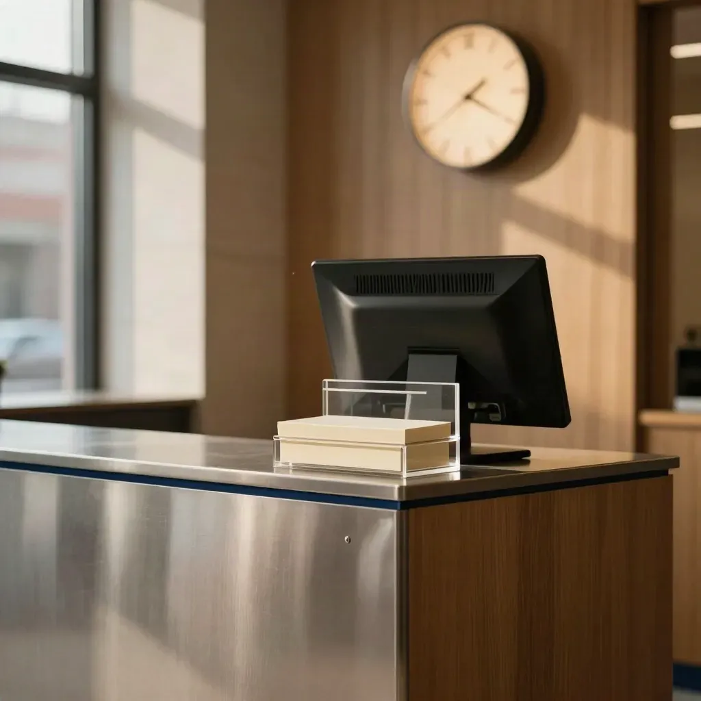 Clinic reception alcove with reminder trays, glowing clock and closed kiosk in warm afternoon light.