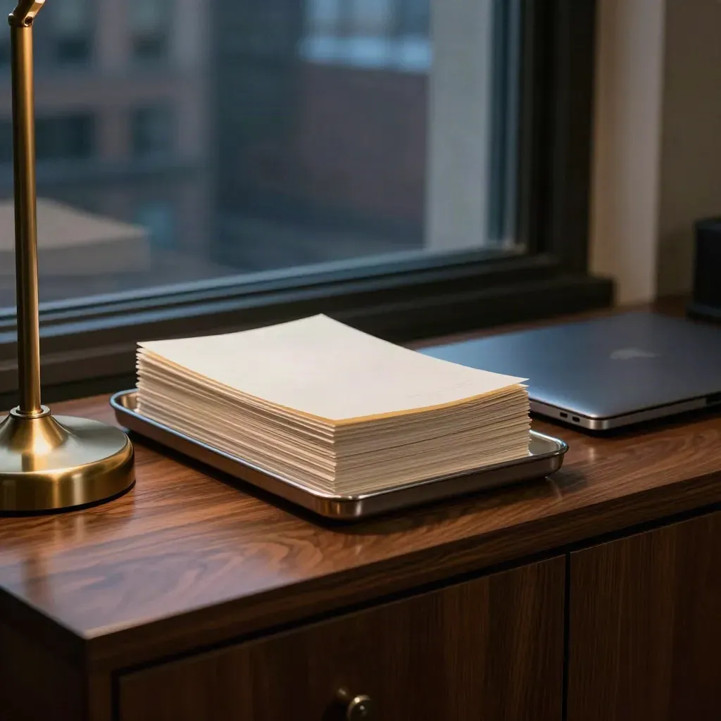 Law office sideboard with lamp, laptop, and a neat correspondence tray at dusk