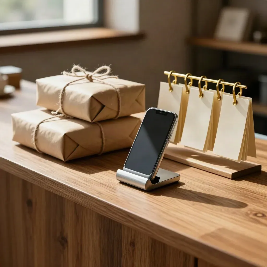 Warm boutique back counter with parcels, phone dock, and reminder pegs in sunlit dust.