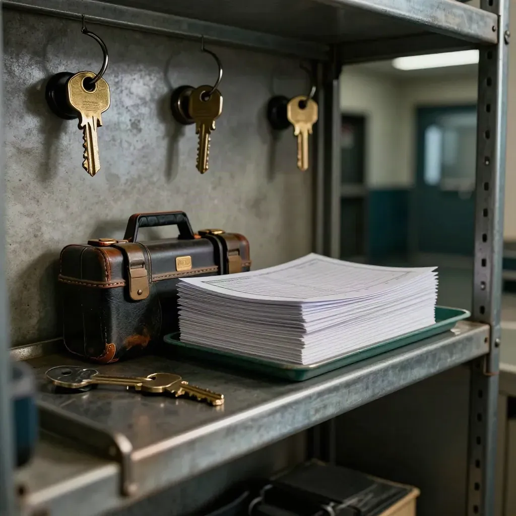 Property dispatch shelf with keys, fobs, tool case and face-down work orders in a dim corridor