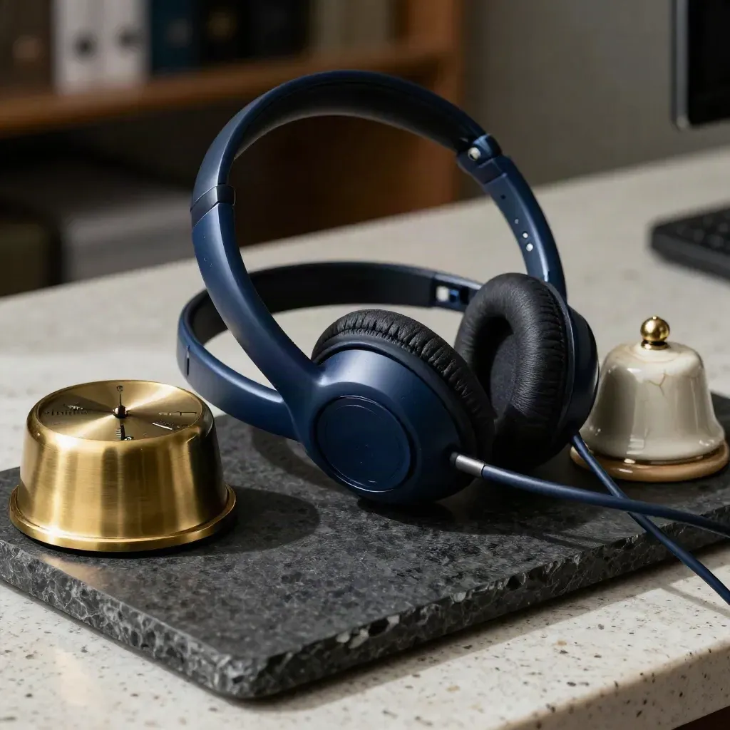 Extreme macro of a headset, brass timer, and ceramic bell on a dark stone tray.