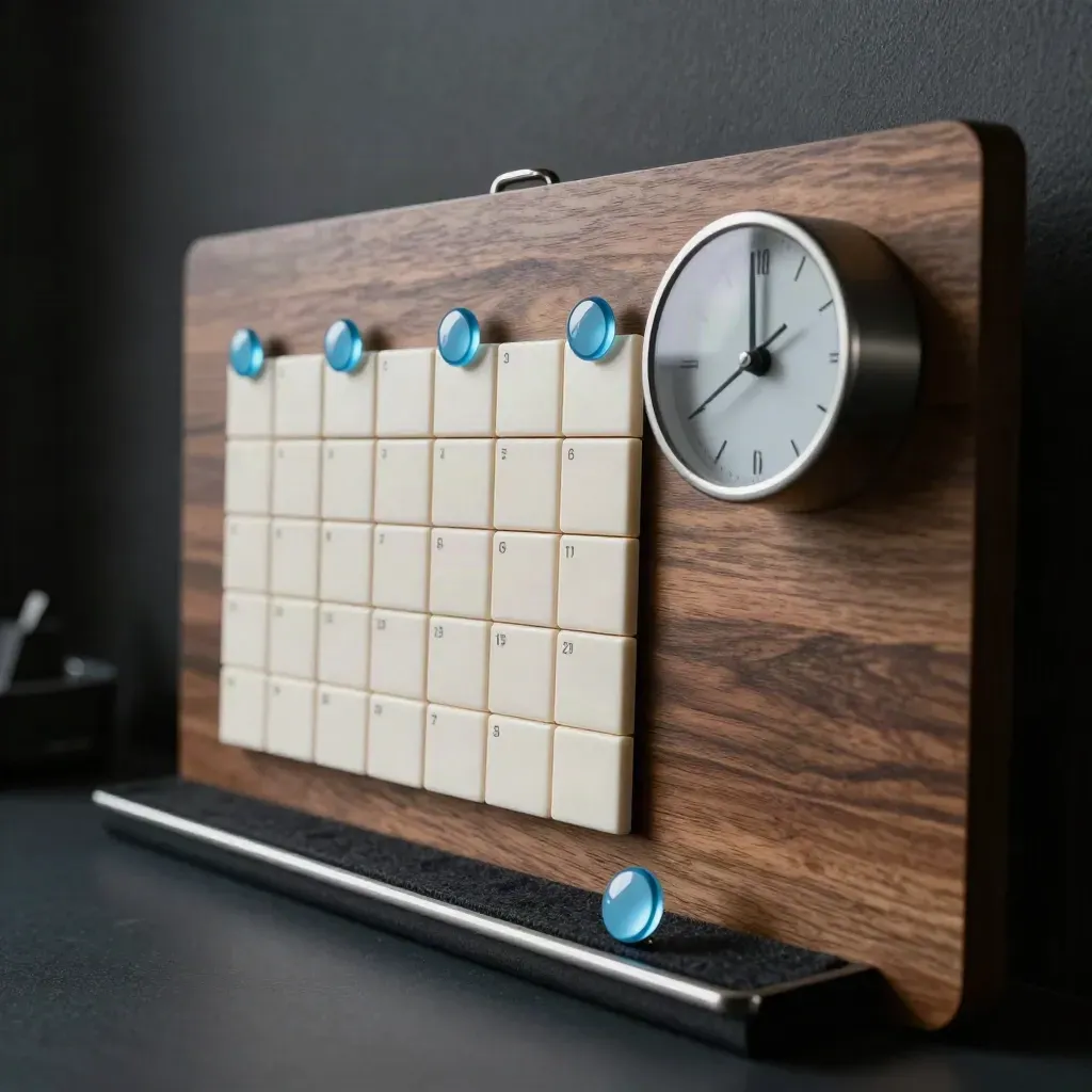 Magnetic calendar tiles and a compact desk clock aligned on a walnut planning board.