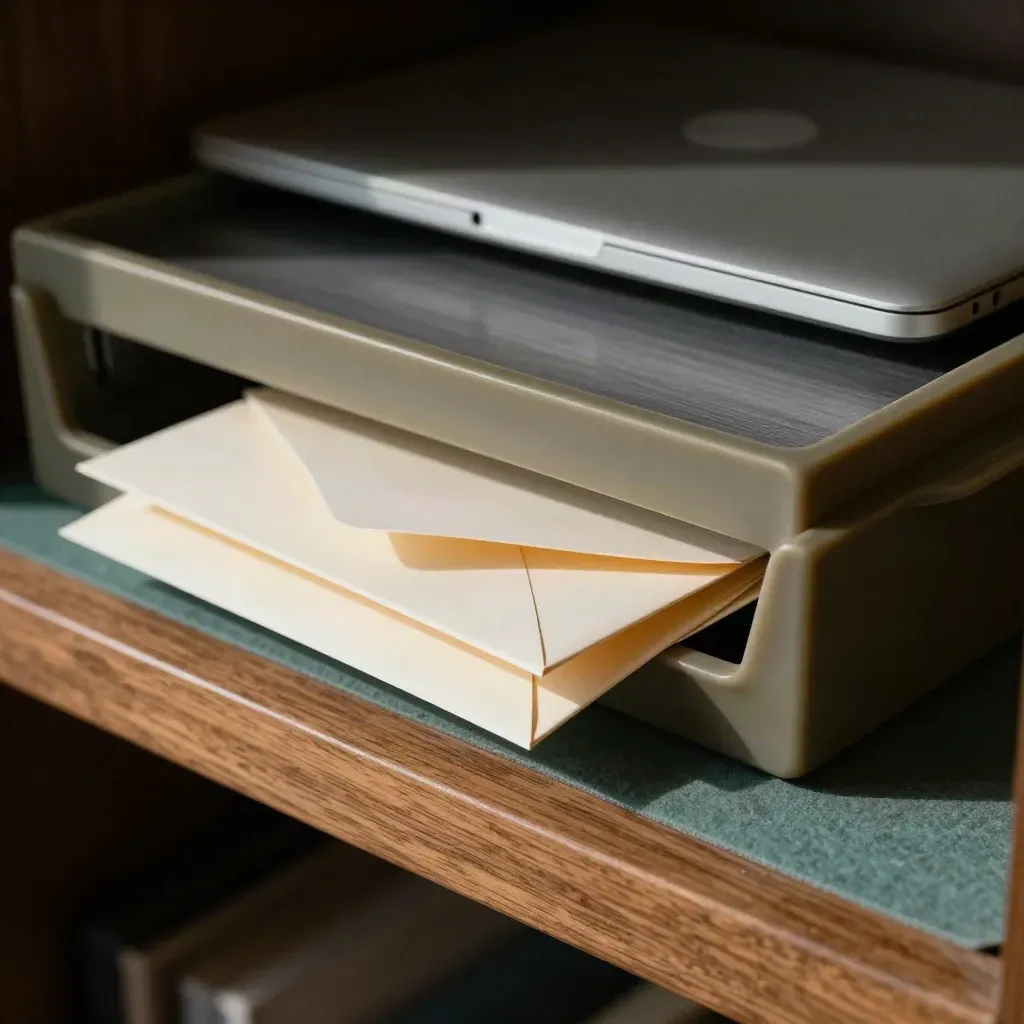 Inbox trays, closed laptop, and reply envelopes in a quiet office still life.