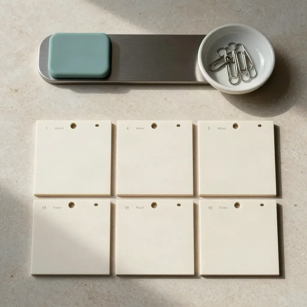 Overhead still life of calendar tiles, phone dock and paperclip tray on pale stone.