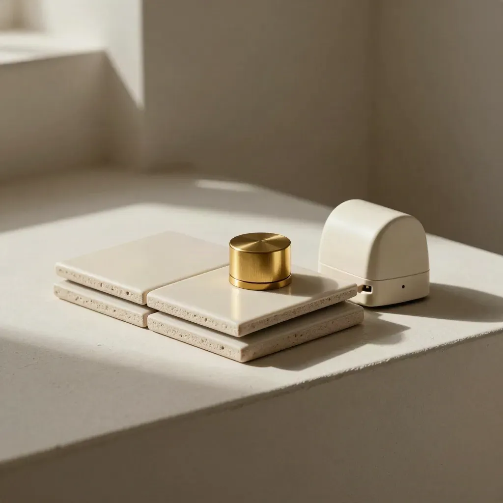 Three ivory plan tiles, brass selector knob, and small timer on a pale plaster shelf.