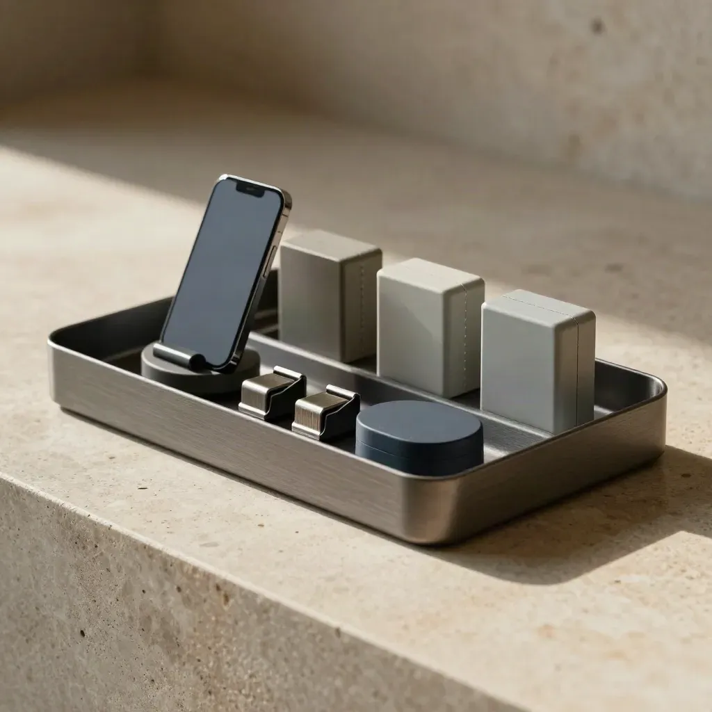 Modular inbox trays, phone dock, cable clips, and automation blocks on limestone