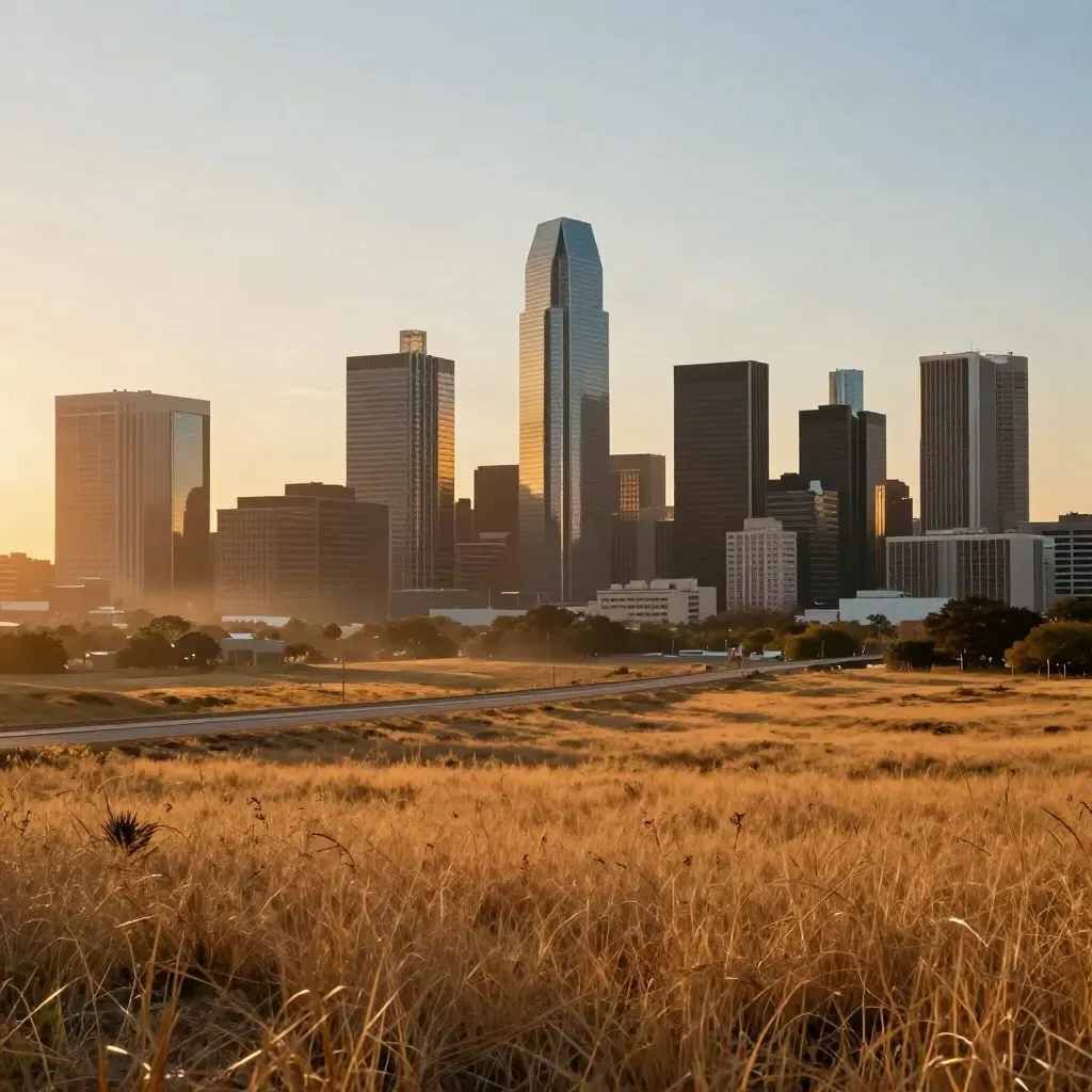 Dallas skyline glowing above tawny prairie at sunset, wide calm foreground for copy.