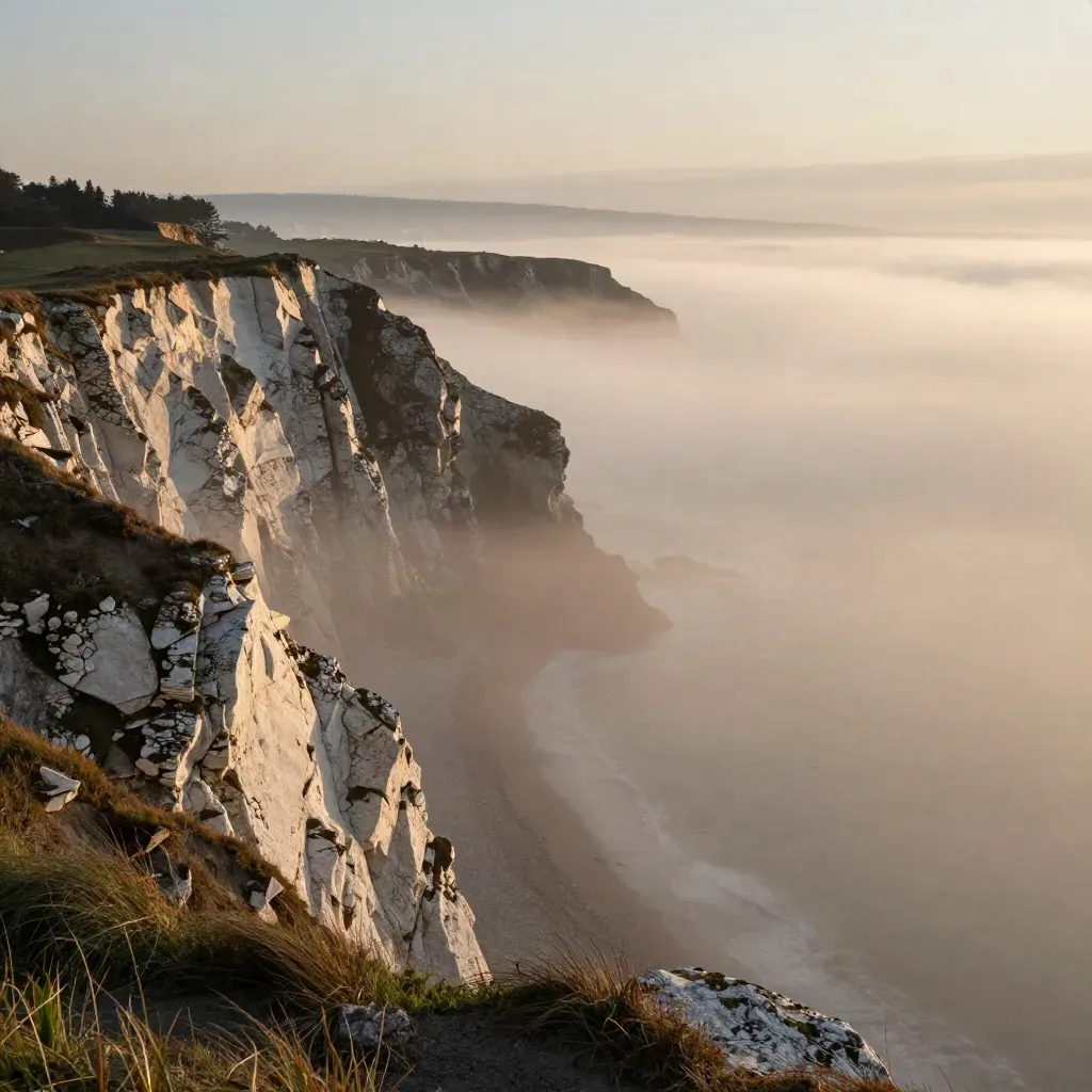 Foggy Pacific cliffline above calm haze with distant city glow.